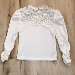 White Ribbed Knit Lace Puff Sleeve Blouse Romantic Dainty Feminine Soft Girl y2k